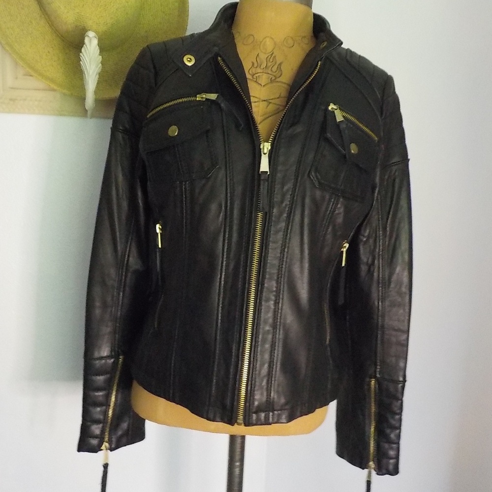 Black Moto Leather Jacket with Gold Hardware.  Boston Proper